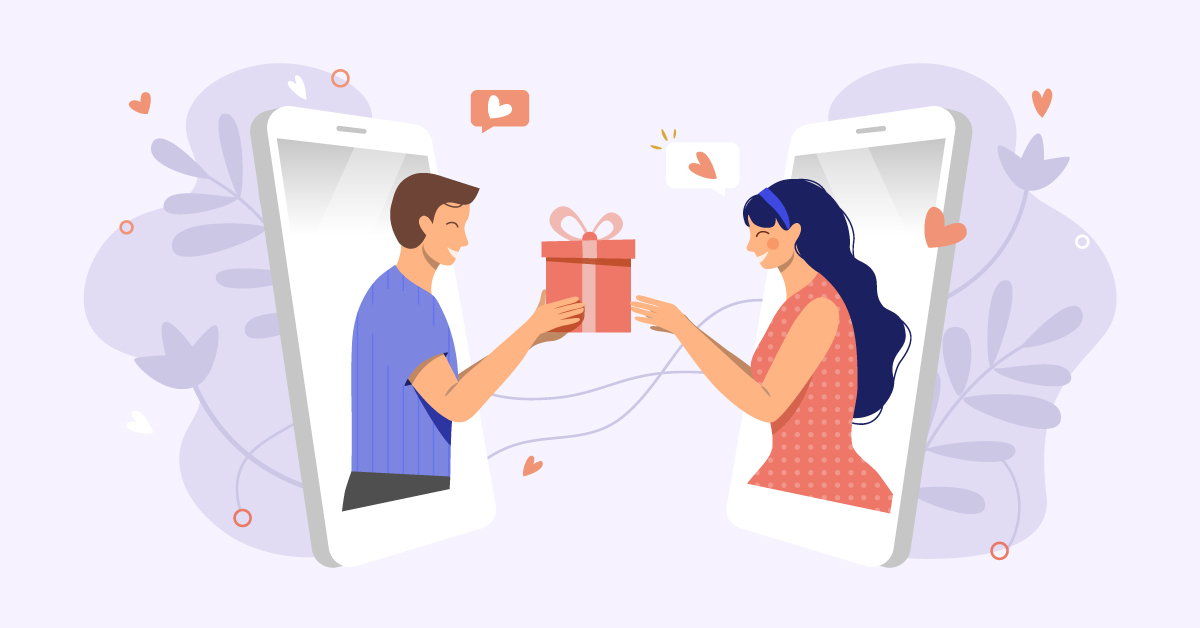 Man and woman coming out of their phone screens. Man offering a present to the woman with hearts around them.