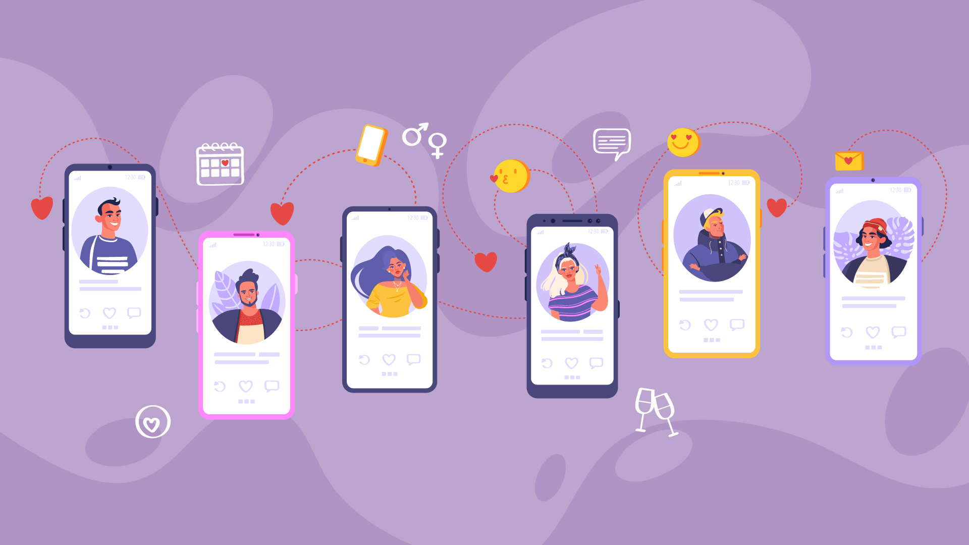 Multiple phones with the dating profiles of different people on their screens and emojis around them. Purple background.