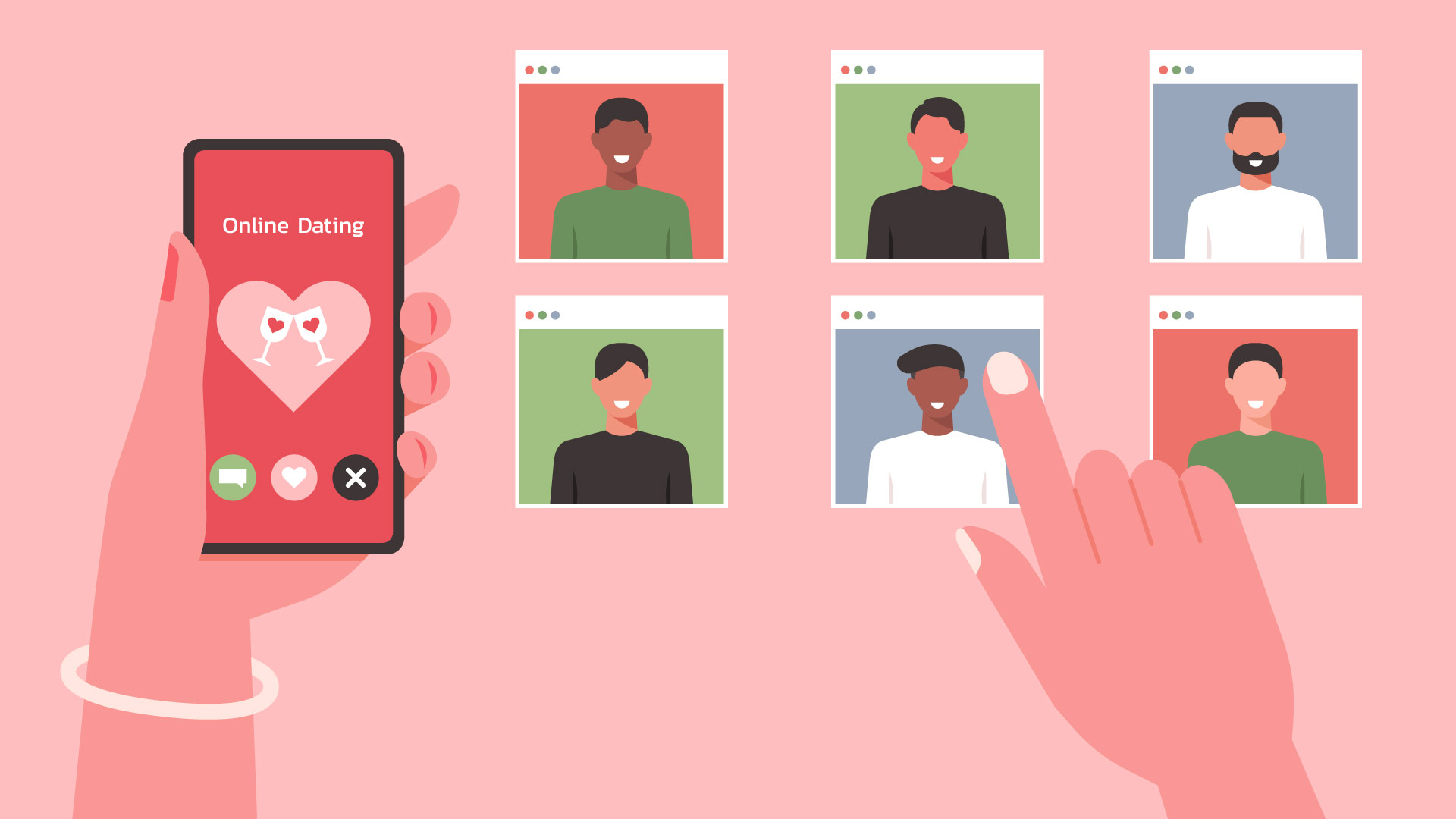 Hand holding a phone using an online dating app, next to images of different men's dating profiles. Light pink background.