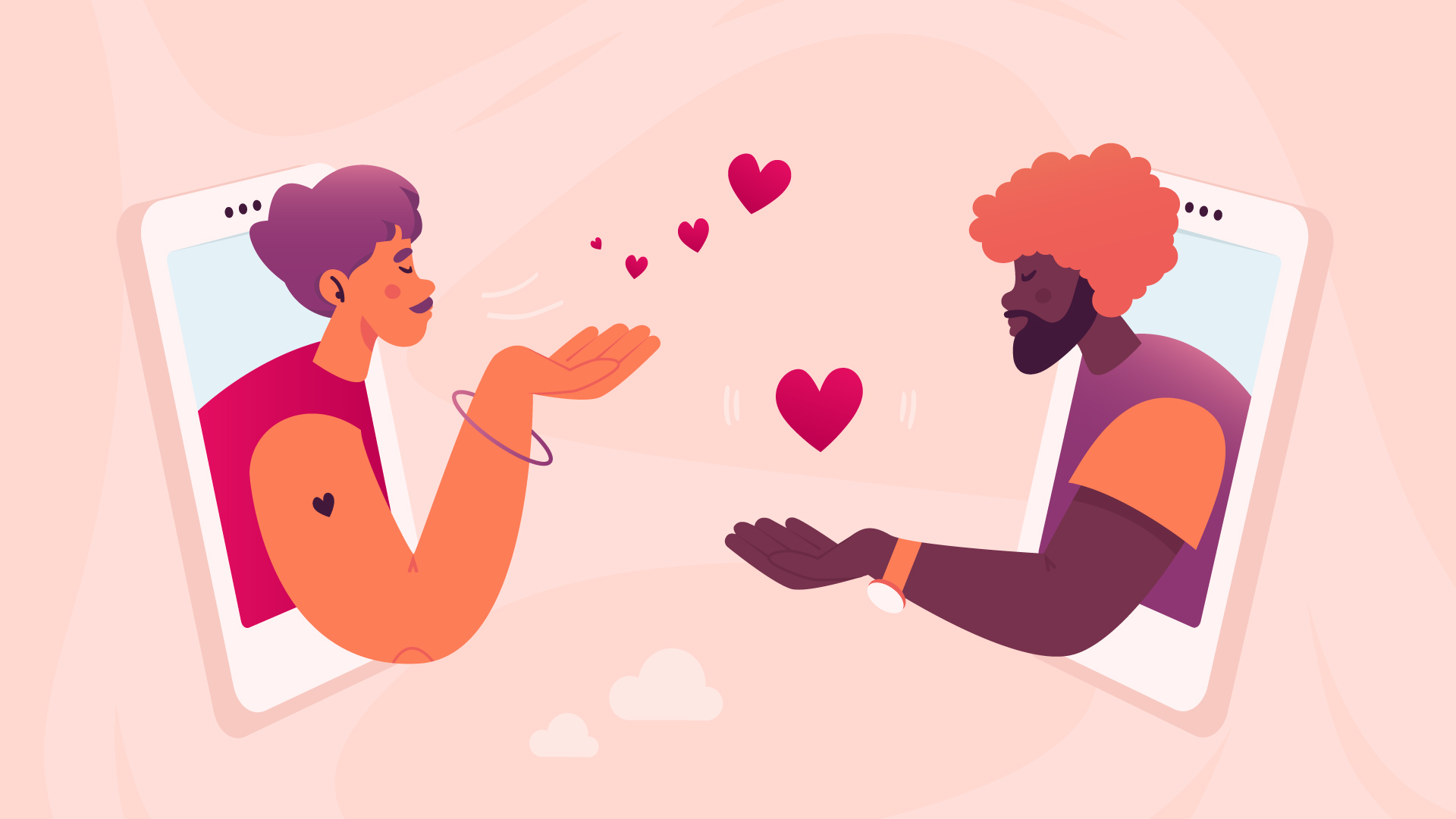 Purple-haired woman and orange-haired man coming out of facing phone screens and sending love hearts at each other.