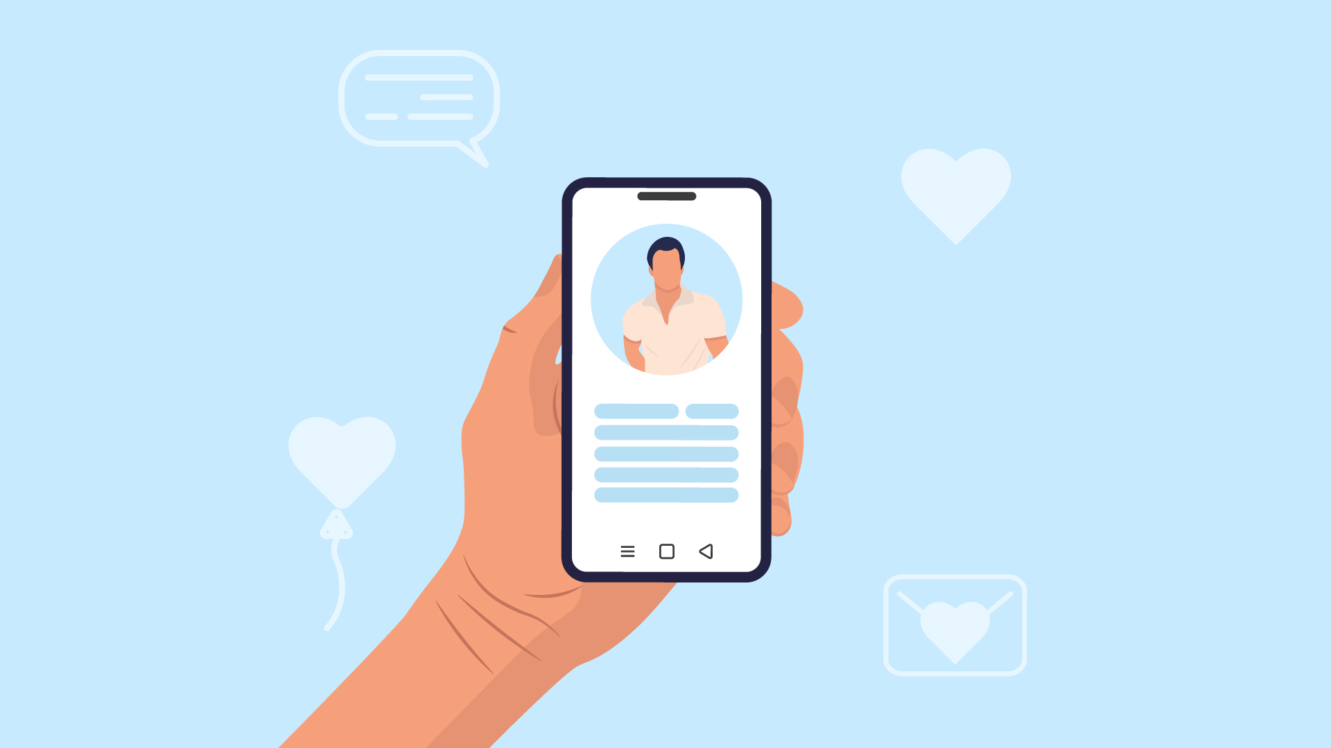 Hand holding a mobile phone, the screen showing the dating profile of a man. Baby blue background with white chatting icons.