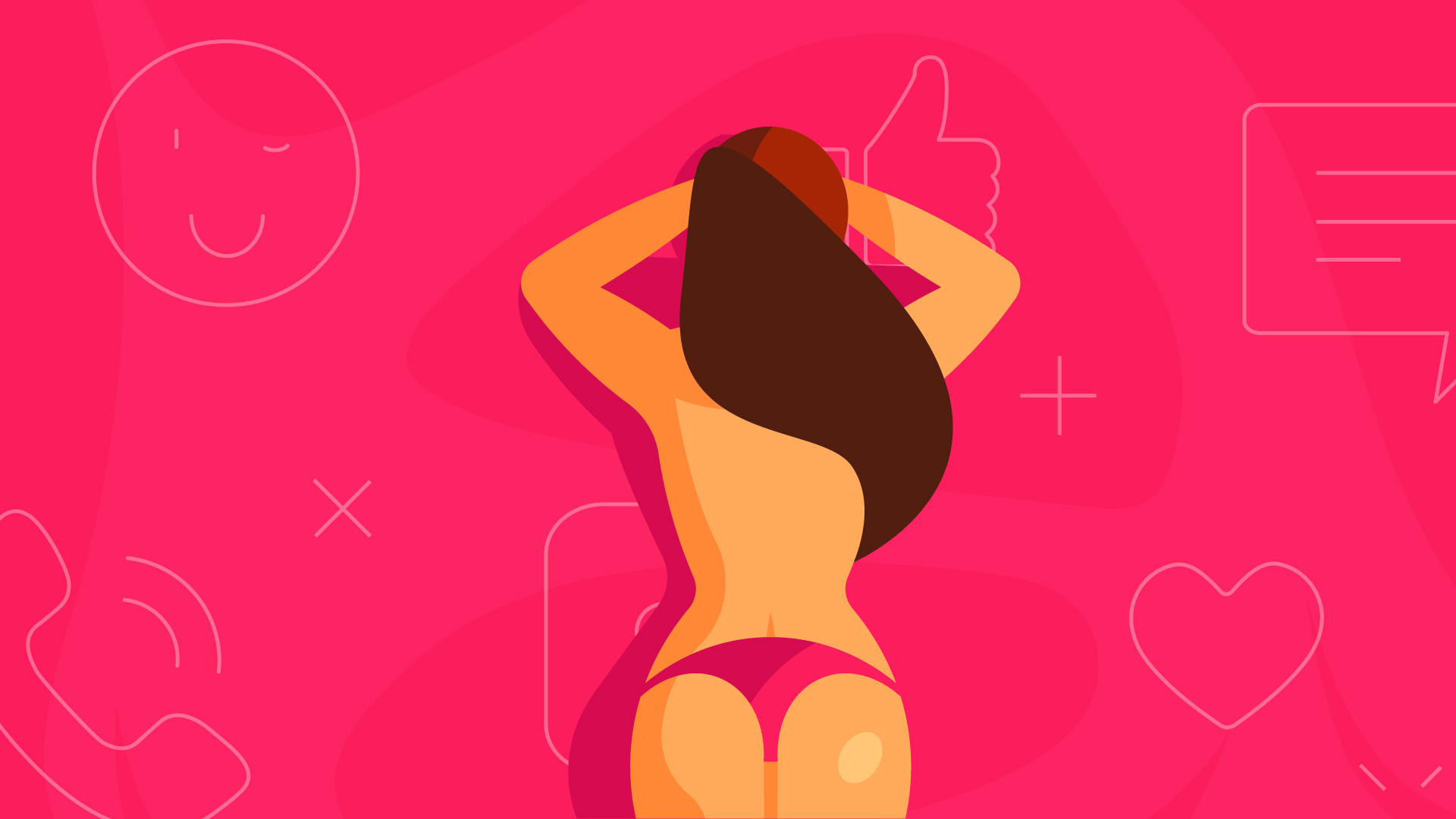 Back of a brunette woman not wearing a bra lying down on her arms. Hot pink background with white outline emojis.