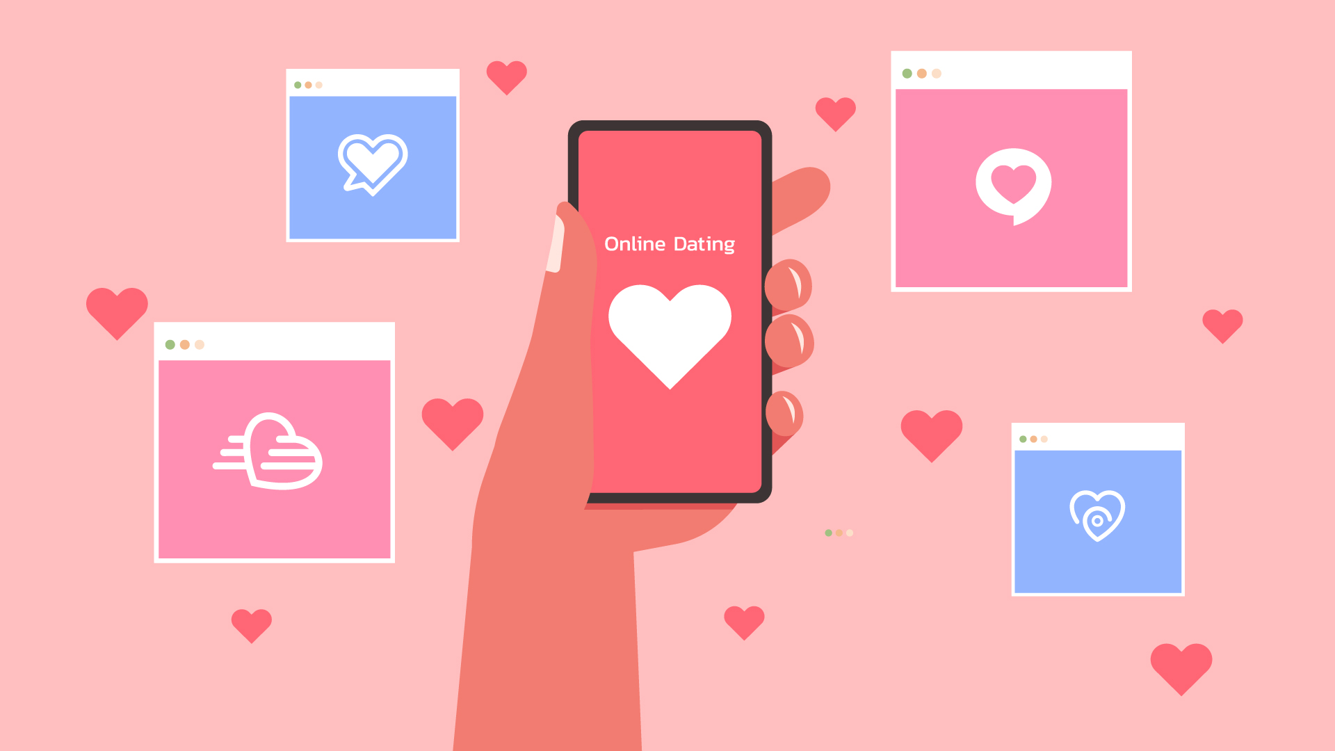 Hand holding a phone surrounded by multiple windows each on different dating sites and love hearts. Light pink background.