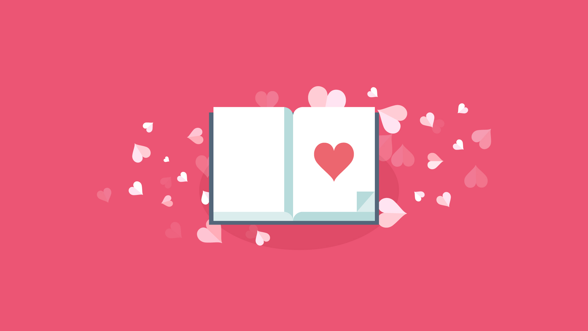 Opened book with light pink love hearts around its edges and a dark pink love heart on its right page. Dark pink background.